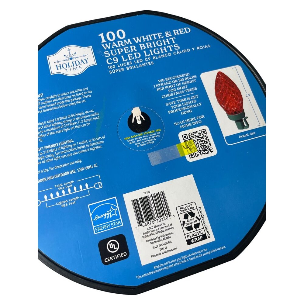 Holiday Time 100 Warm White & Red‎ Super Bright C9 LED Lights Indoor/Outdoor - Picture 4 of 6
